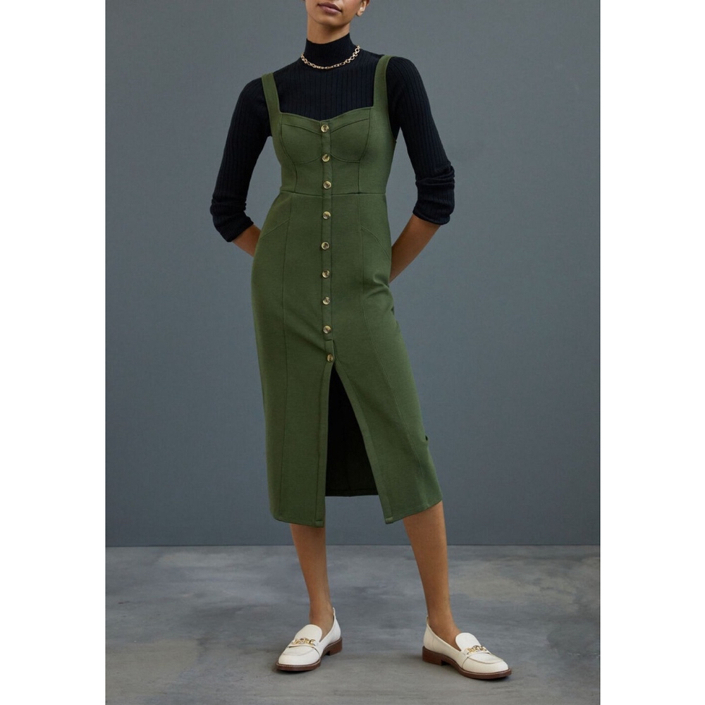 Maeve Anthropologie Size 10 Moss Green Sleeveless Midi Dress Button Front $160 - Picture 2 of 6